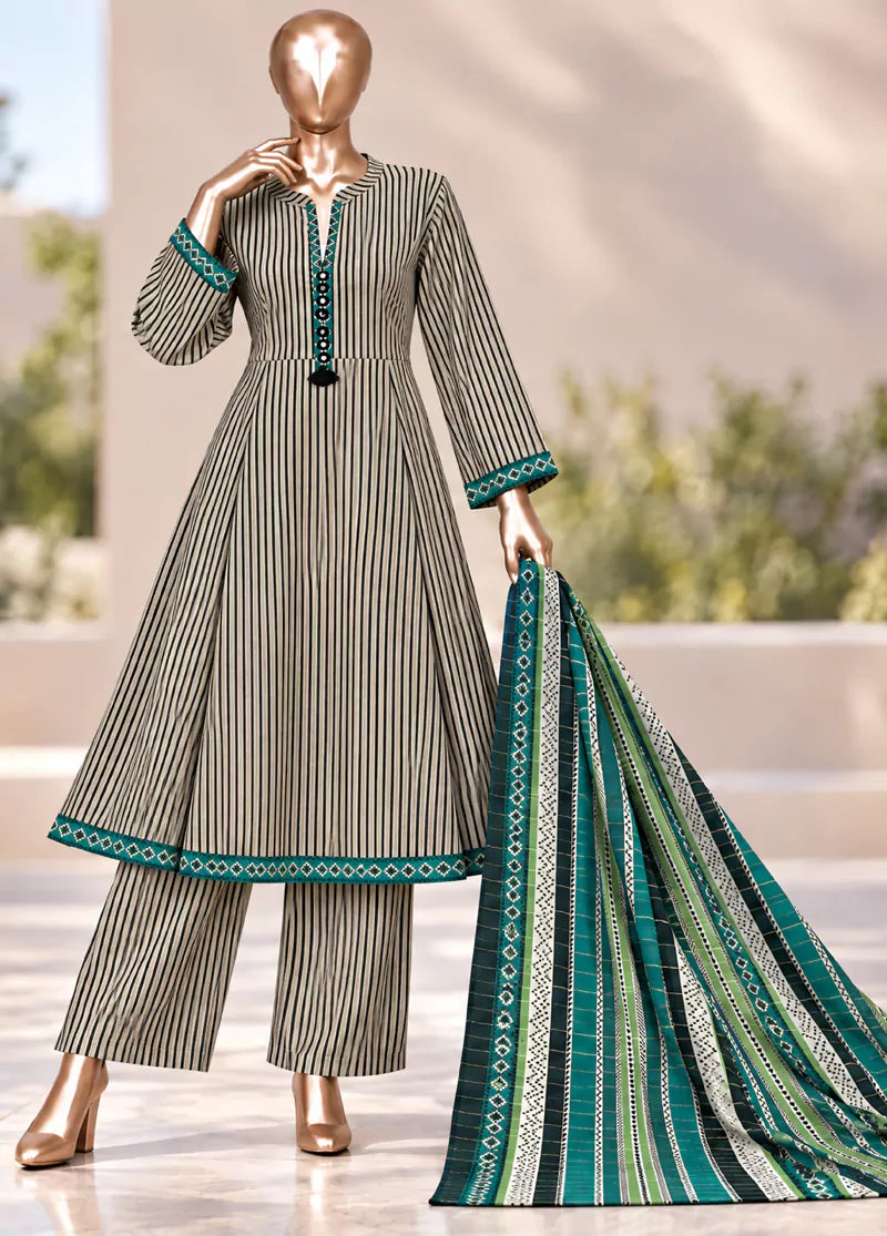 Printed Black & Beige Khaddar 3-Piece Stitched Frock Suit by Bin Saeed