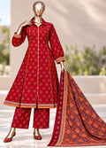 Printed Red Khaddar 3-Piece Stitched Frock Suit by Bin Saeed