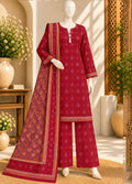Printed Red Khaddar 3-Piece Stitched Suit by Bin Saeed