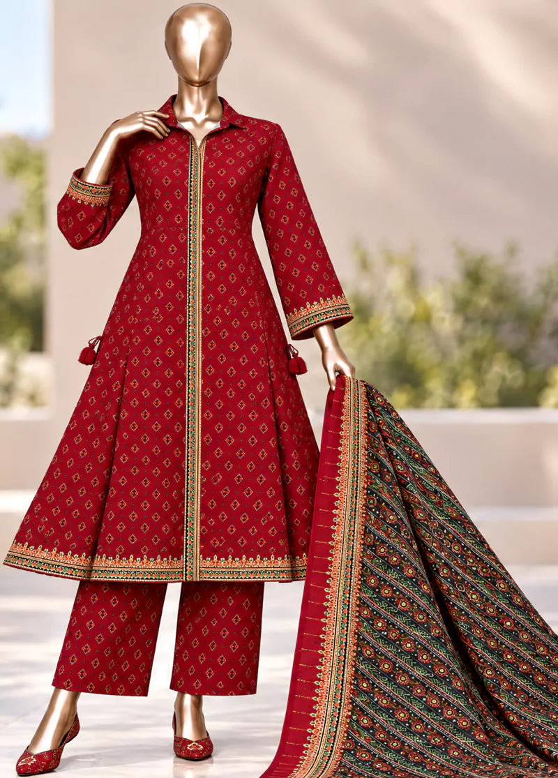 Printed Red Khaddar 3-Piece Stitched Frock Suit by Bin Saeed