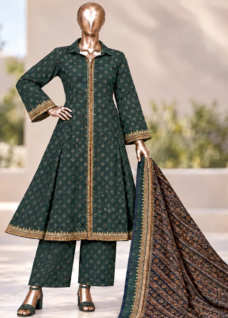 Printed Teal Khaddar 3-Piece Stitched Frock Suit by Bin Saeed