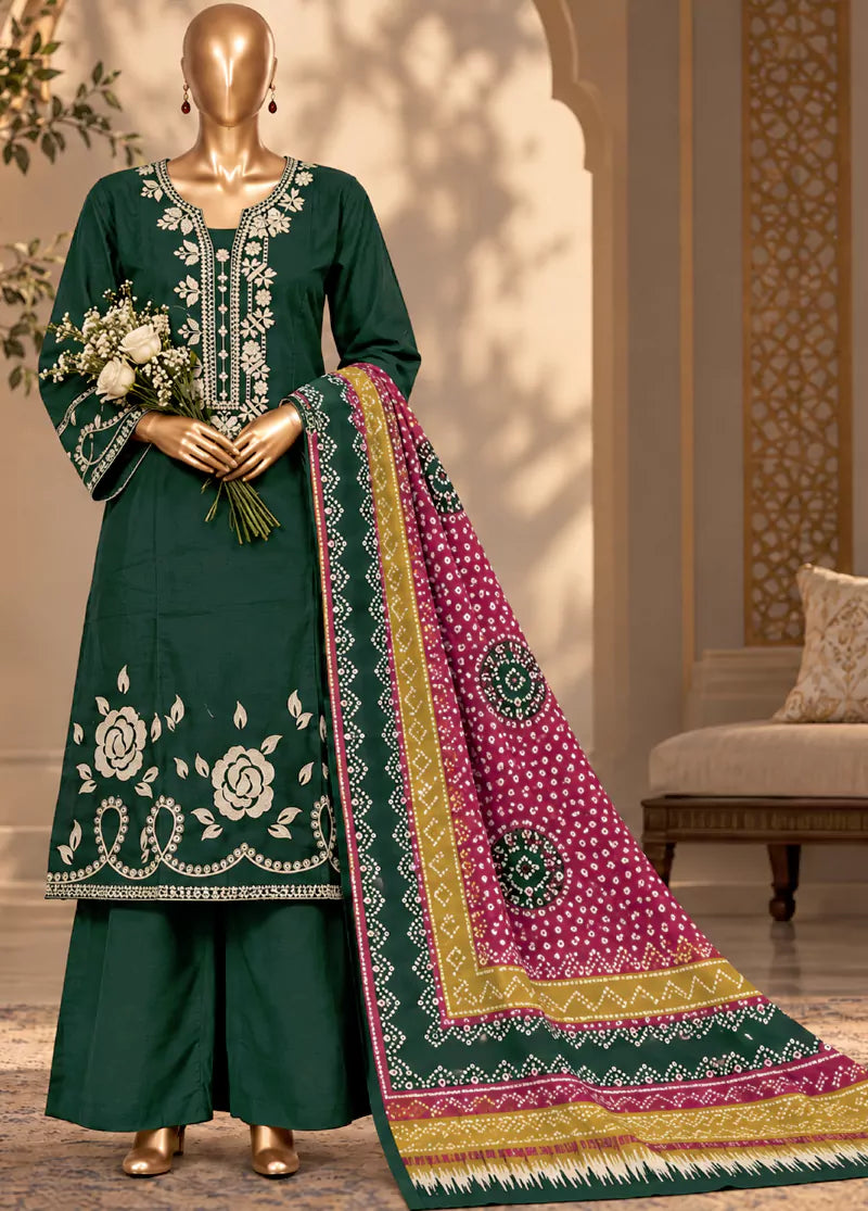 Embroidered Bottle Green Khaddar 3-Piece Stitched Suit by Bin Saeed