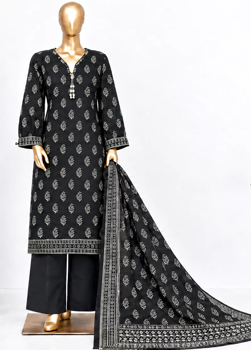Printed Black Khaddar 3-Piece Stitched Suit by Bin Saeed