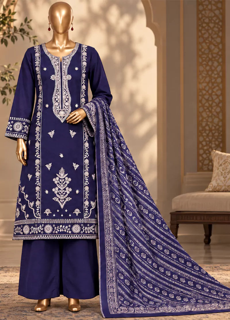 Embroidered Ink Blue Khaddar 3-Piece Stitched Suit by Bin Saeed