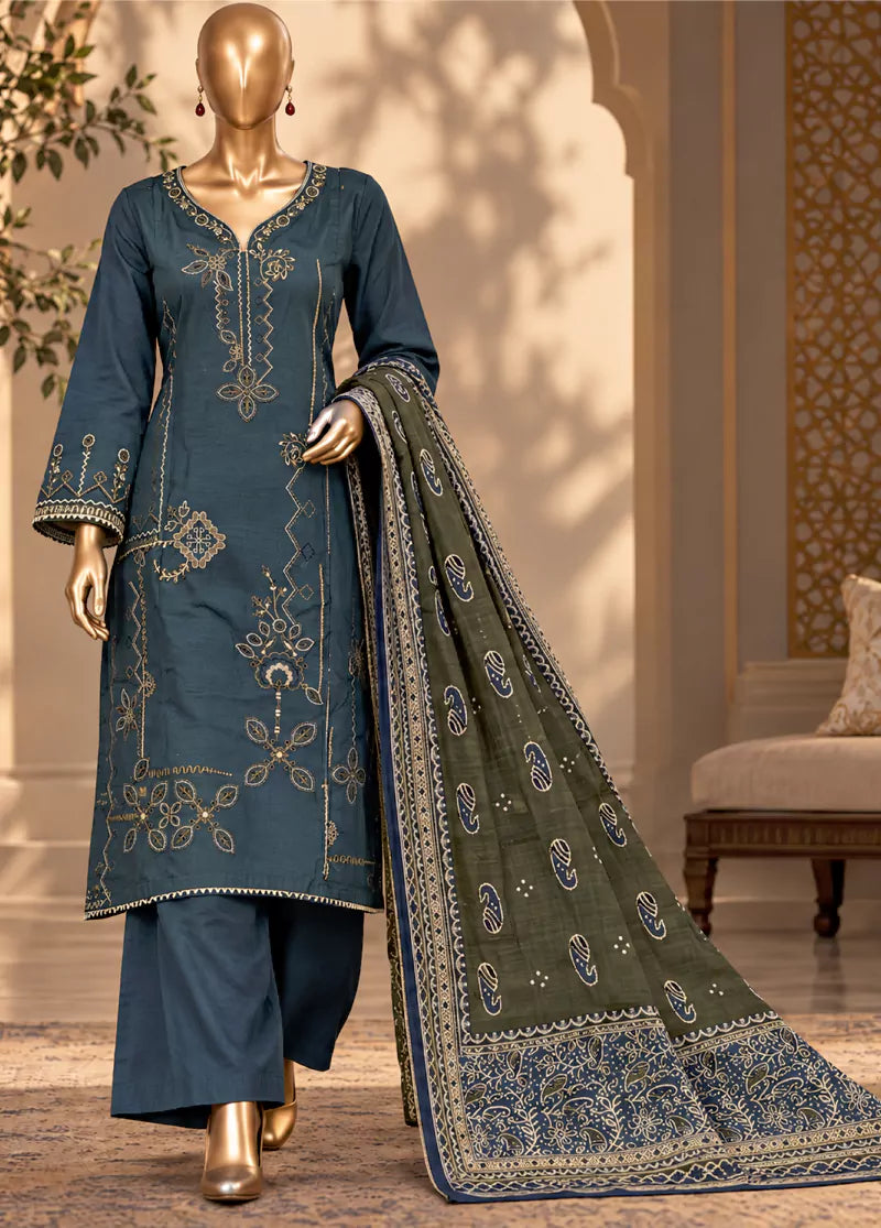 Embroidered Teal Khaddar 3-Piece Stitched Suit by Bin Saeed