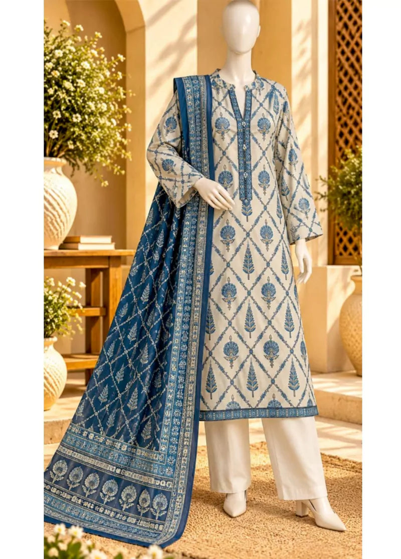 Printed Off White Khaddar 3-Piece Stitched Suit by Bin Saeed