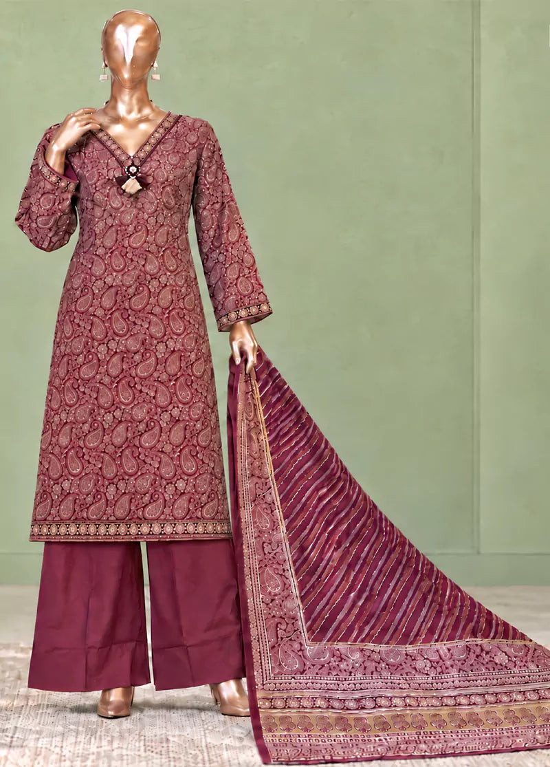 Printed Maroon Khaddar 3-Piece Stitched Suit by Bin Saeed