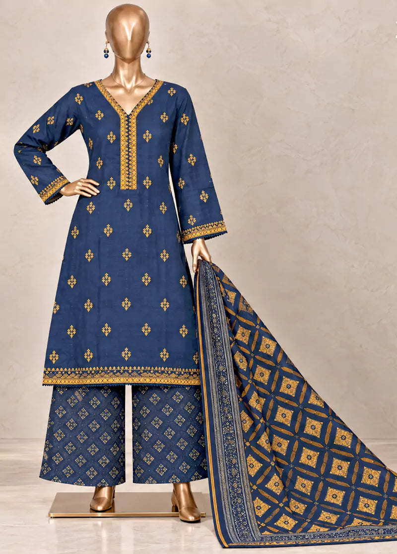 Embroidered Ink Blue Khaddar 3-Piece Stitched Suit by Bin Saeed