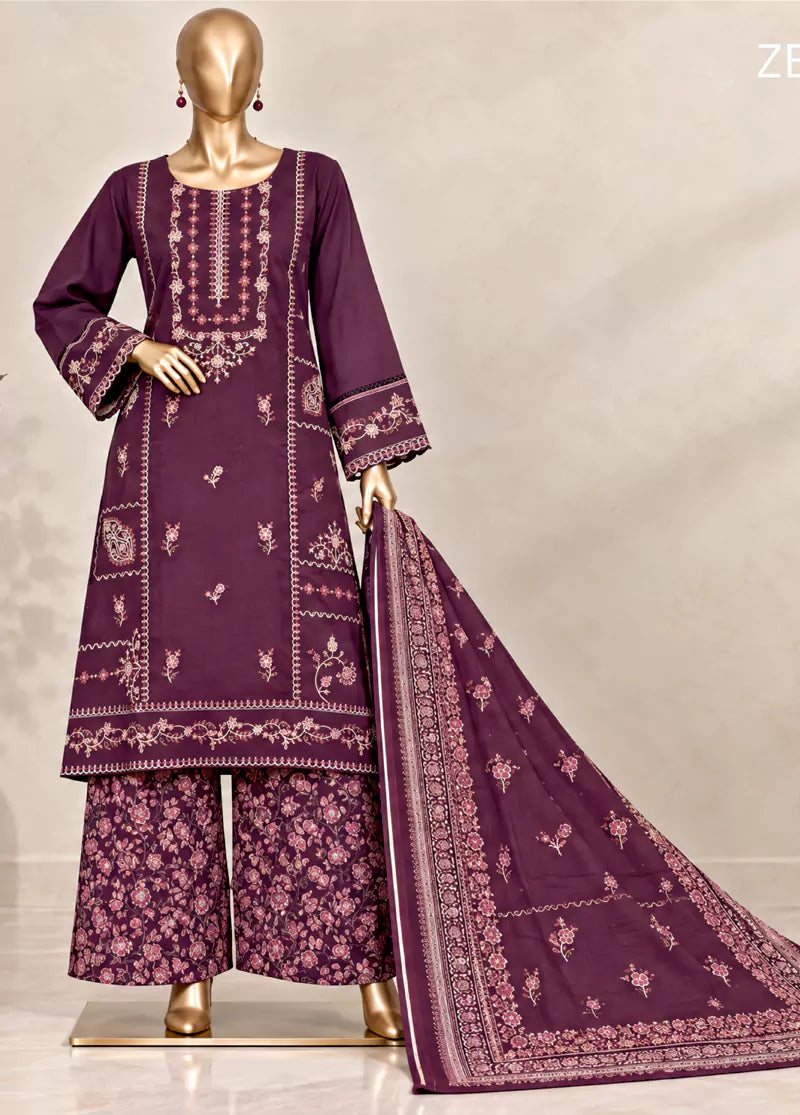 Embroidered Plum Khaddar 3-Piece Stitched Suit by Bin Saeed