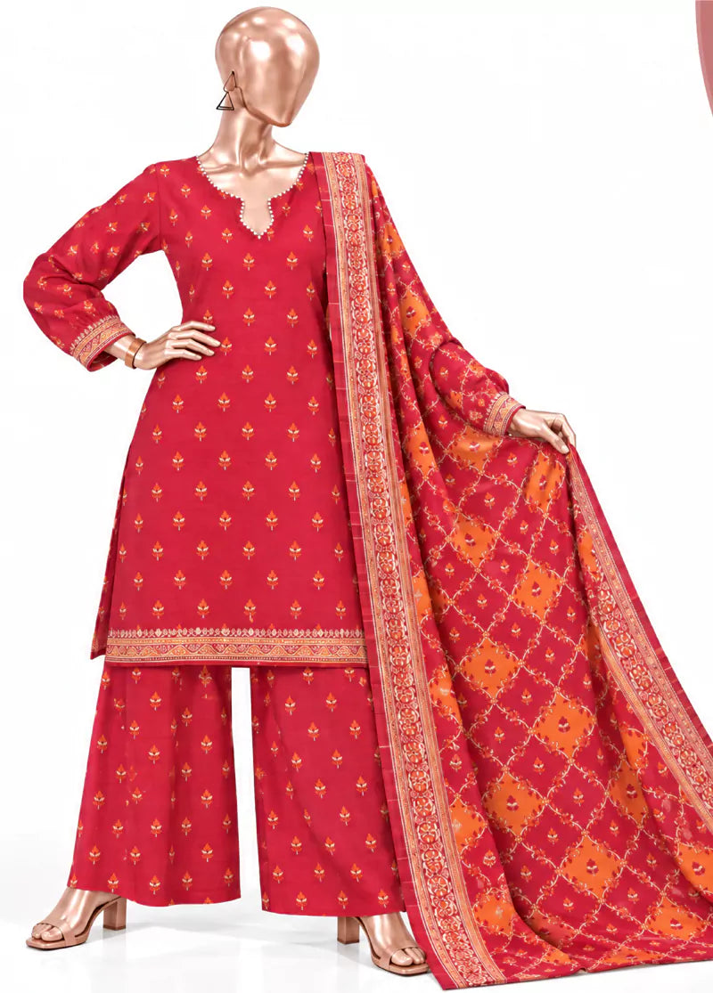 Printed Red Khaddar 3-Piece Stitched Suit by Bin Saeed