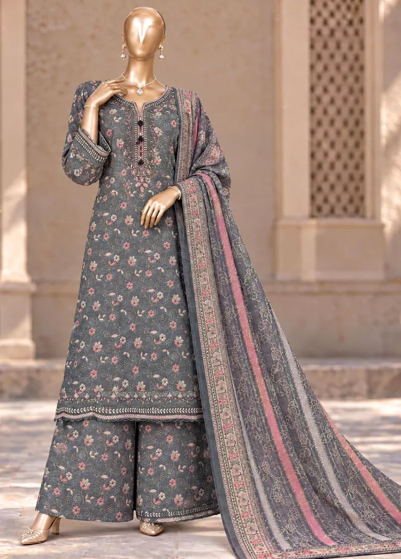 Embroidered Grey Khaddar 3-Piece Stitched Suit by Bin Saeed