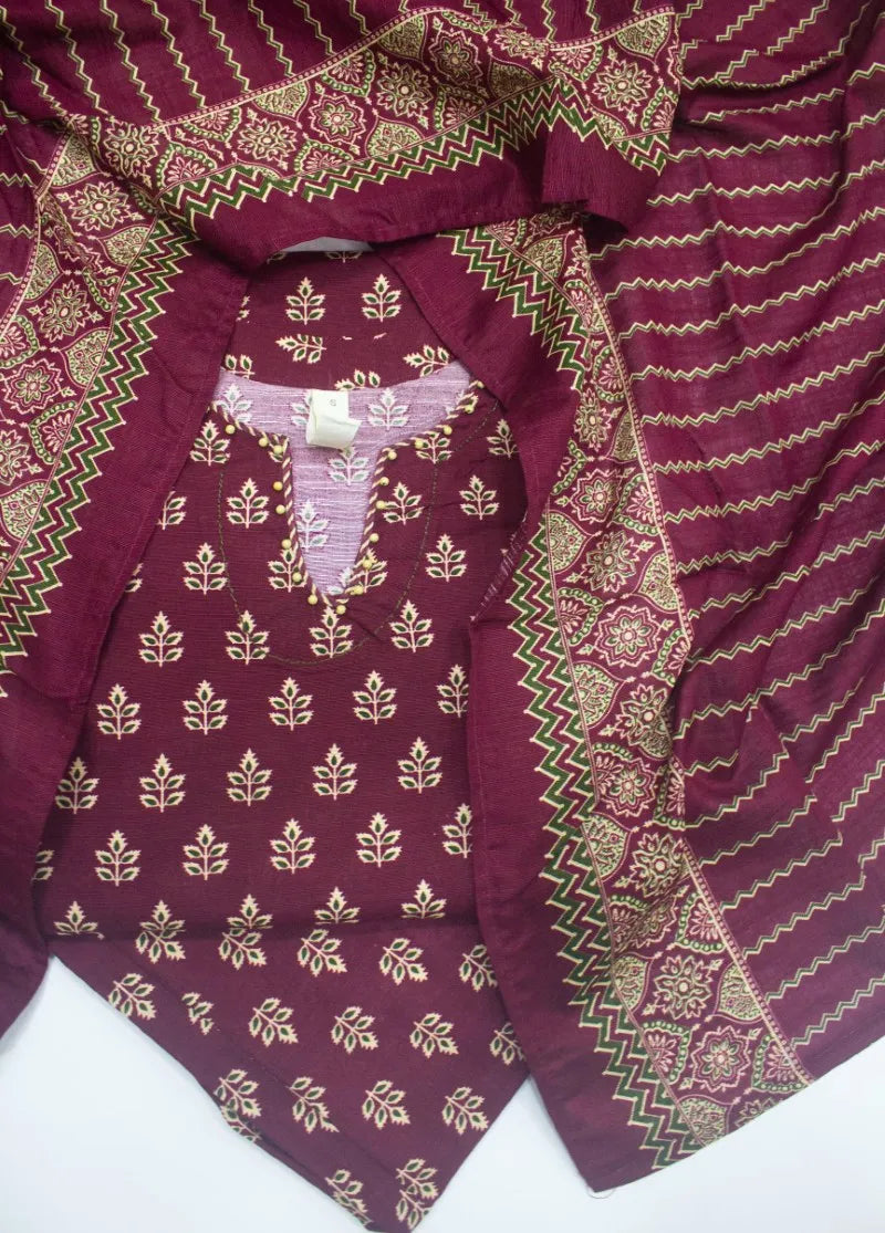 Printed Maroon Khaddar 3-Piece Stitched Suit by Bin Saeed