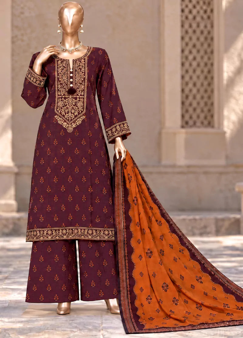 Embroidered Maroon Khaddar 3-Piece Stitched Suit by Bin Saeed