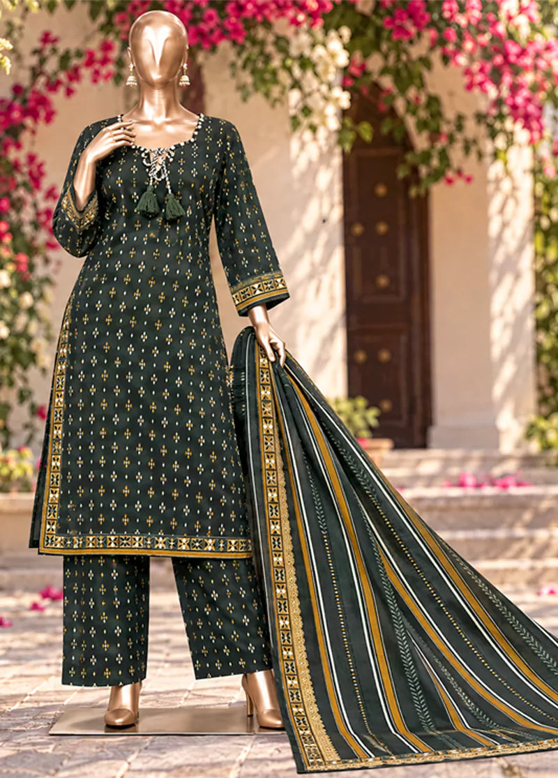 Printed Bottle Green Khaddar 3-Piece Stitched Suit by Bin Saeed