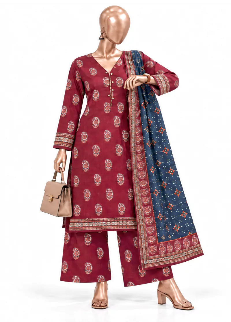 Printed Red Khaddar 3-Piece Stitched Suit by Bin Saeed