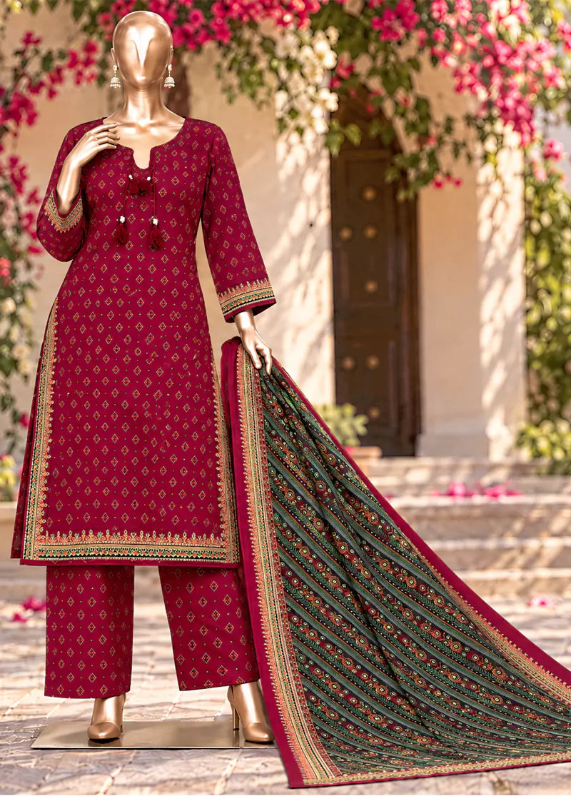 Printed Red Khaddar 3-Piece Stitched Suit by Bin Saeed