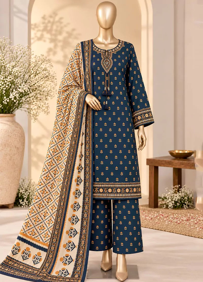Embroidered Navy Blue Khaddar 3-Piece Stitched Suit by Bin Saeed