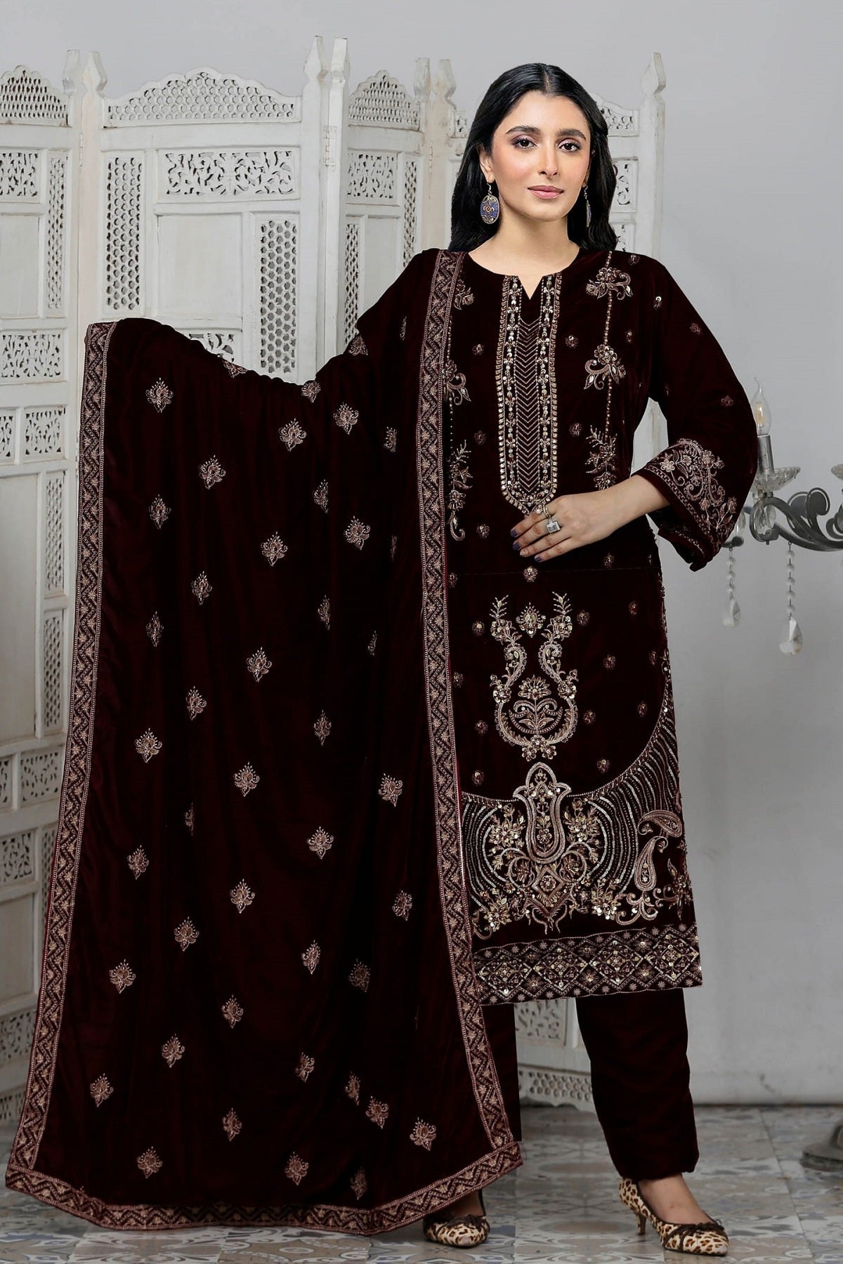 Ayla Zahra Luxury Velvet LW-01B (Maroon) – Ayla Zahra 3-piece unstitched suit