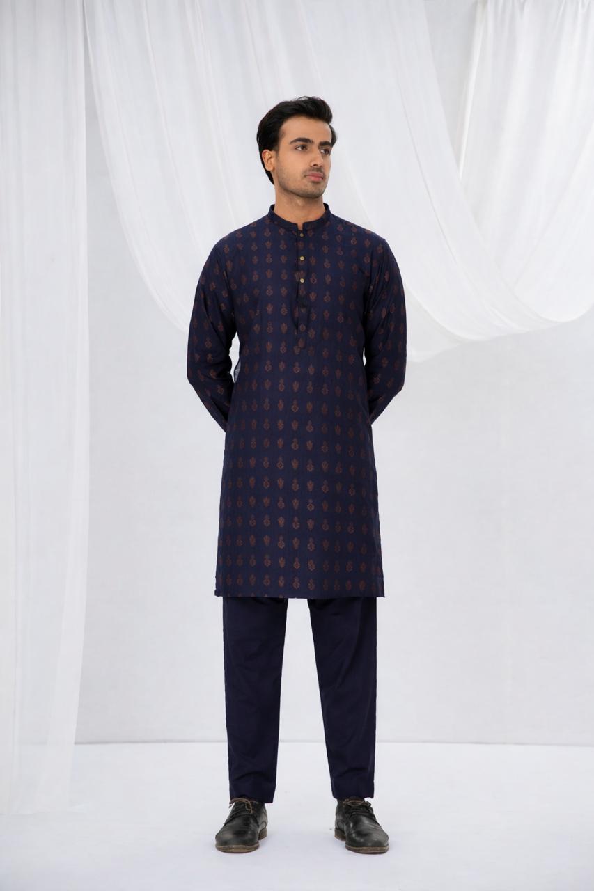 Navy Plain Kurta Pajama by Al Deebaj