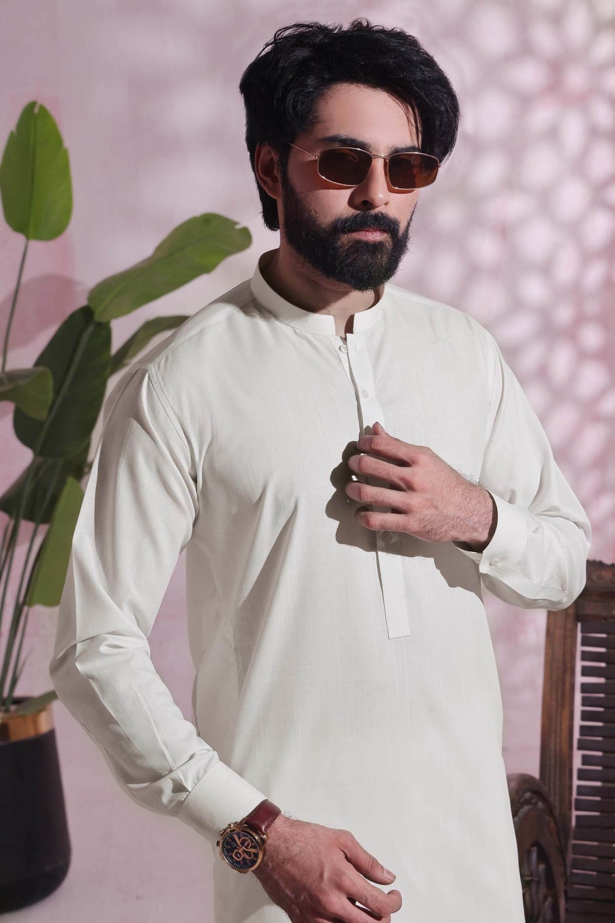 White Self Kurta Pajama by Al Deebaj, photo 2