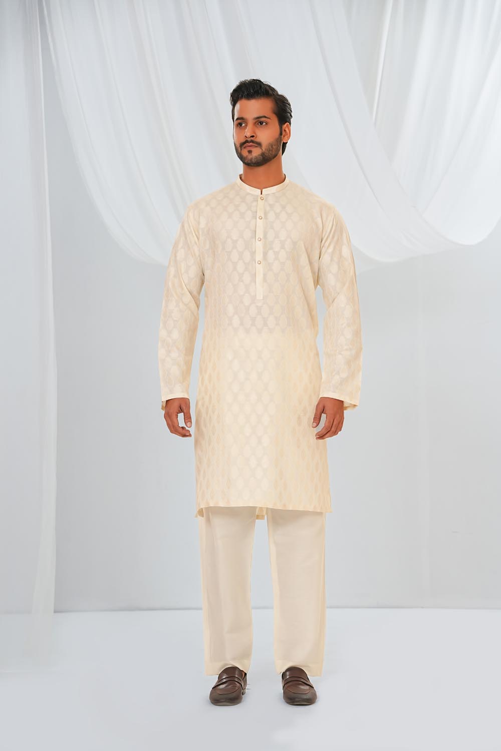 Cream Plain Kurta Pajama by Al Deebaj