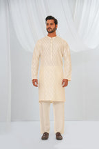 Cream Plain Kurta Pajama by Al Deebaj