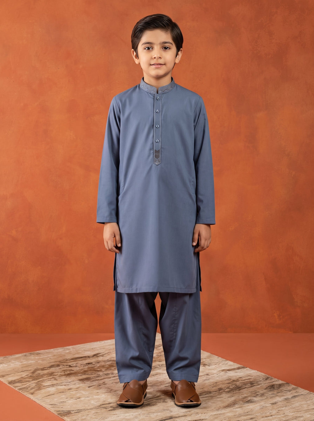 Greyish Blue Embroidered Kids Kurta Shalwar by Al Deebaj