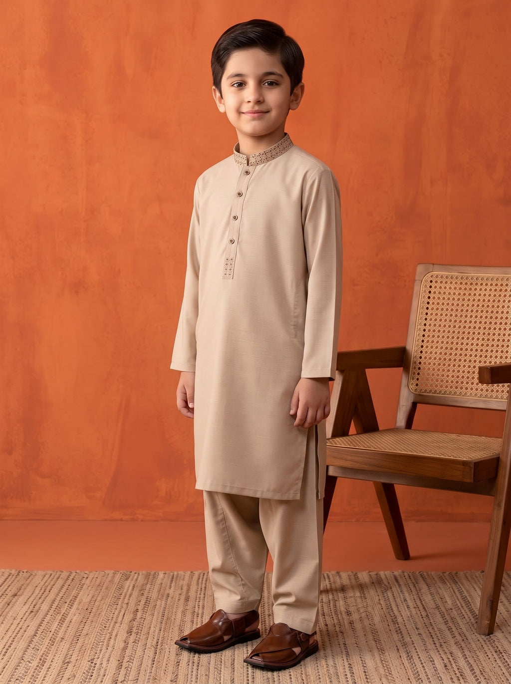 Kids Embroidered Golden Brown Kurta Shalwar by Al Deebaj
