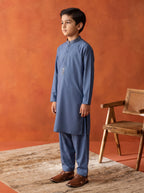 Greyish Blue Embroidered Kids Kurta Shalwar by Al Deebaj, photo 3