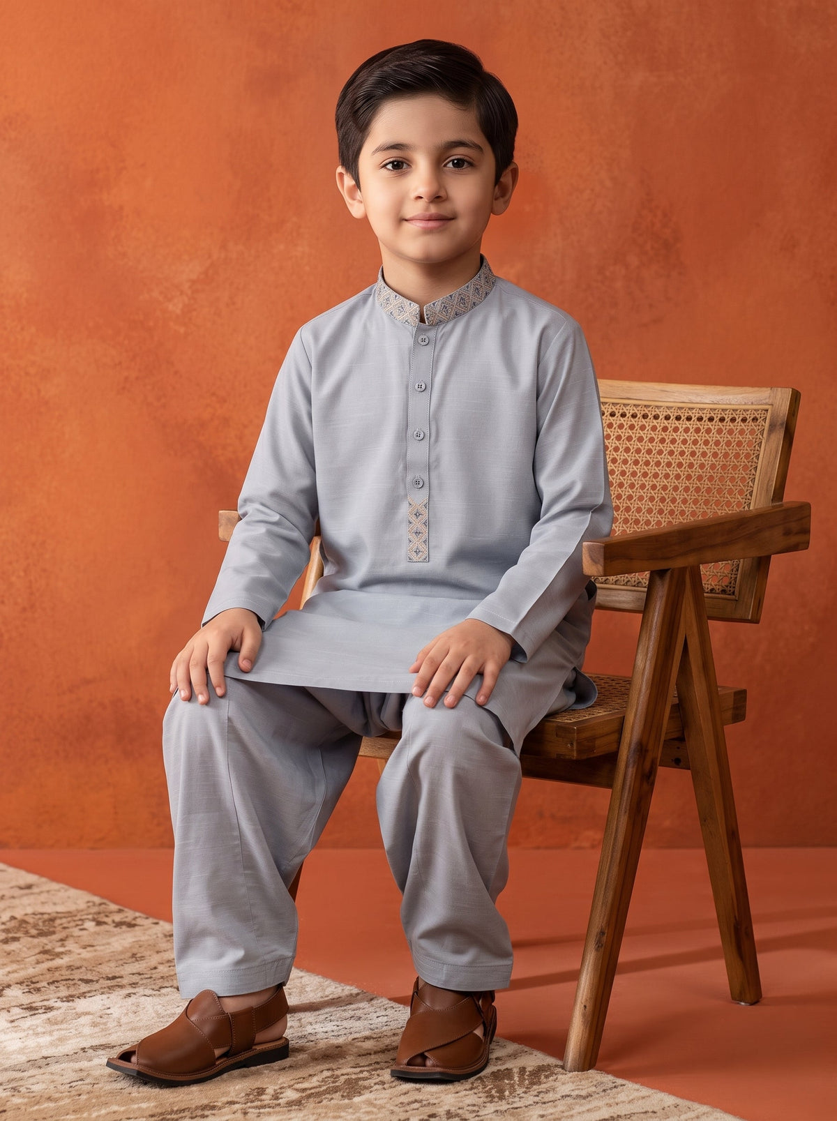 Kids Sky Blue Embroidered Kurta Shalwar by Al Deebaj, photo 4