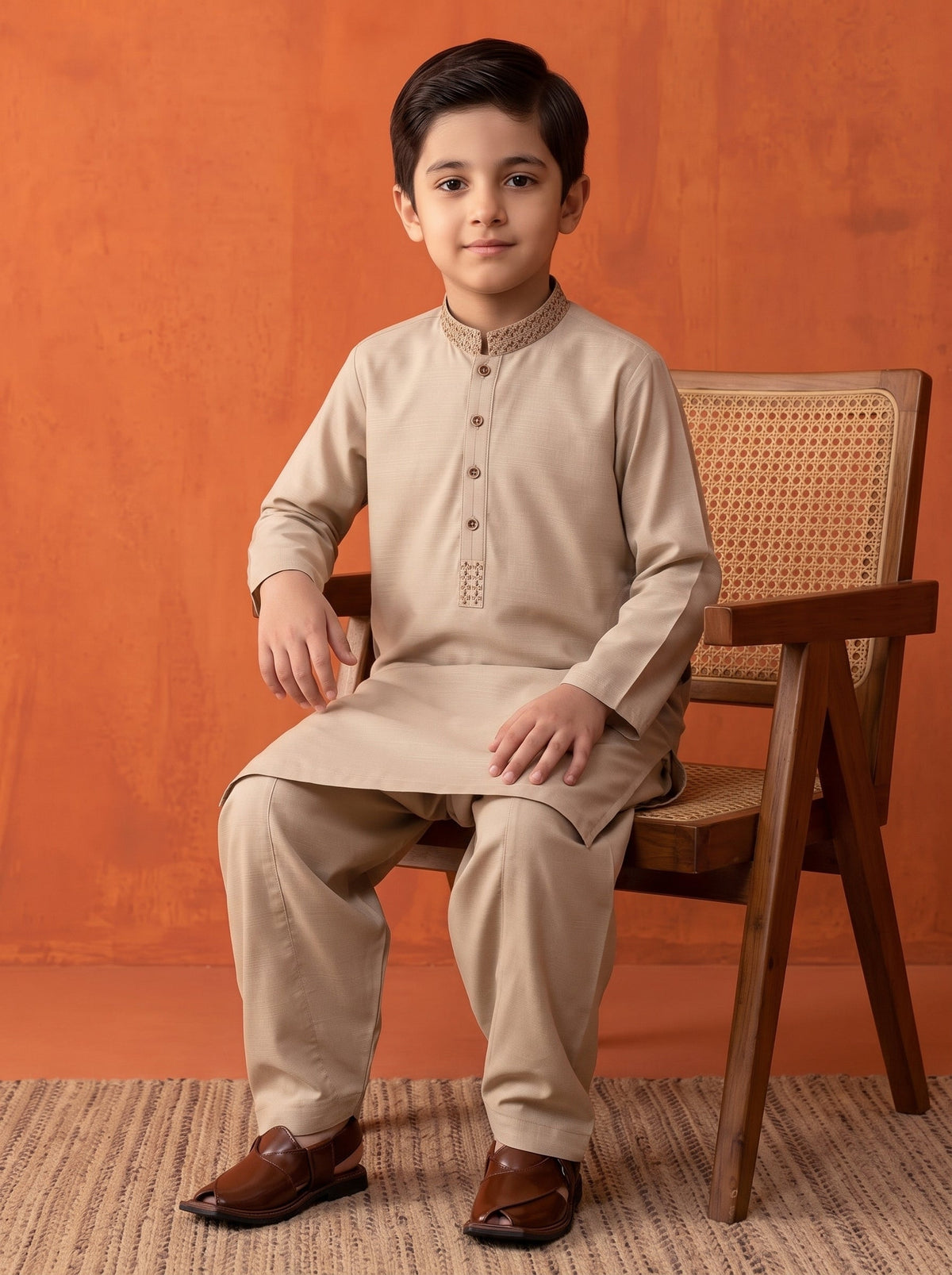 Kids Embroidered Golden Brown Kurta Shalwar by Al Deebaj, photo 3