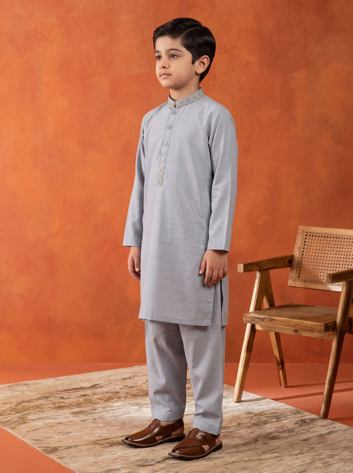 Kids Sky Blue Embroidered Kurta Shalwar by Al Deebaj, photo 3