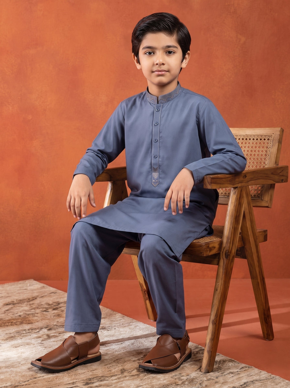 Greyish Blue Embroidered Kids Kurta Shalwar by Al Deebaj, photo 4