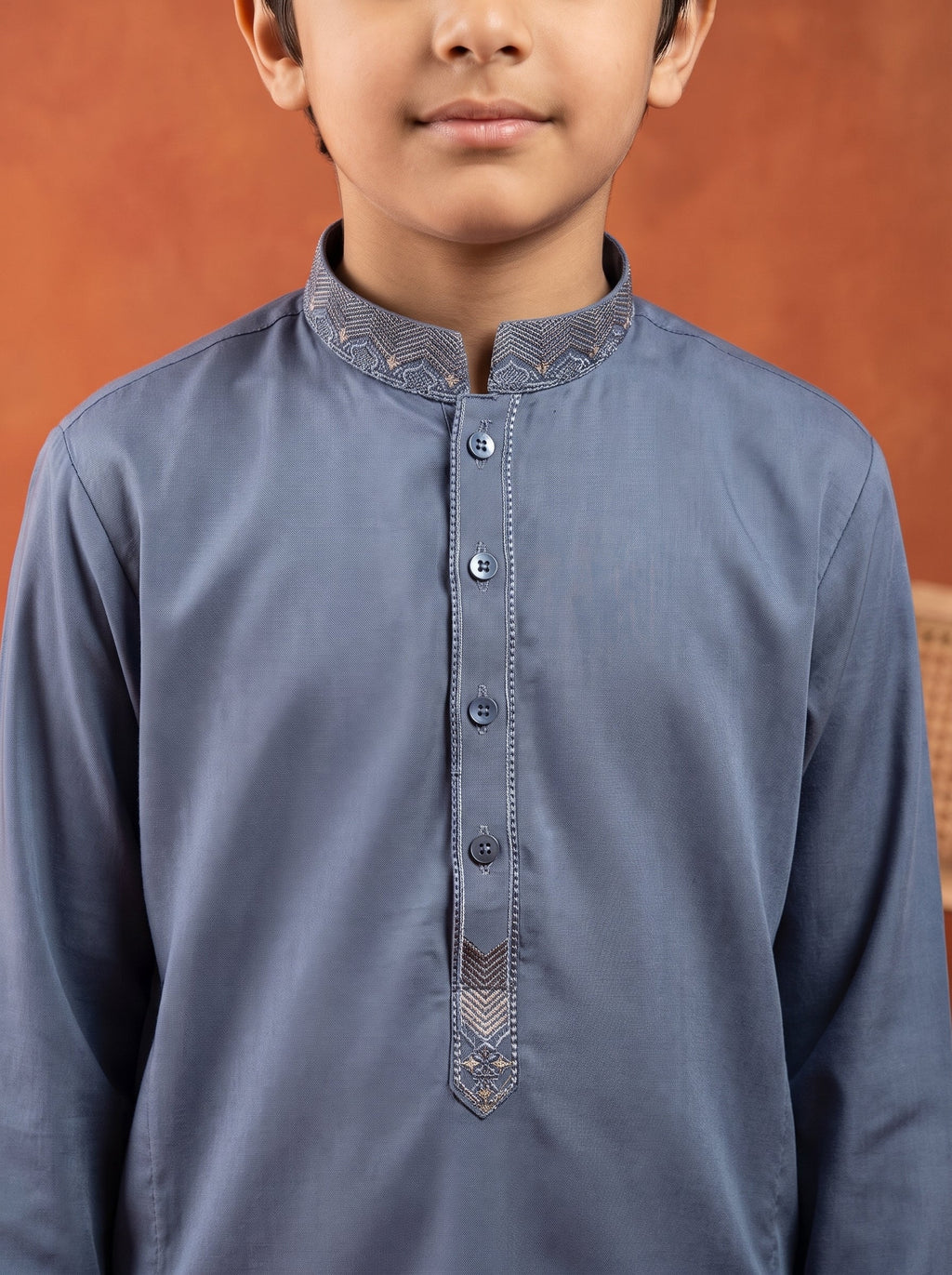 Greyish Blue Embroidered Kids Kurta Shalwar by Al Deebaj, photo 2