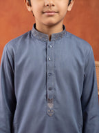 Greyish Blue Embroidered Kids Kurta Shalwar by Al Deebaj, photo 2