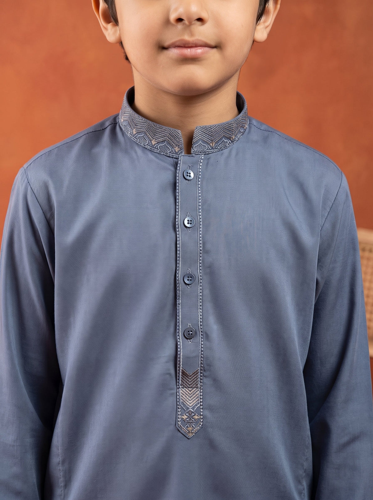 Greyish Blue Embroidered Kids Kurta Shalwar by Al Deebaj, photo 2