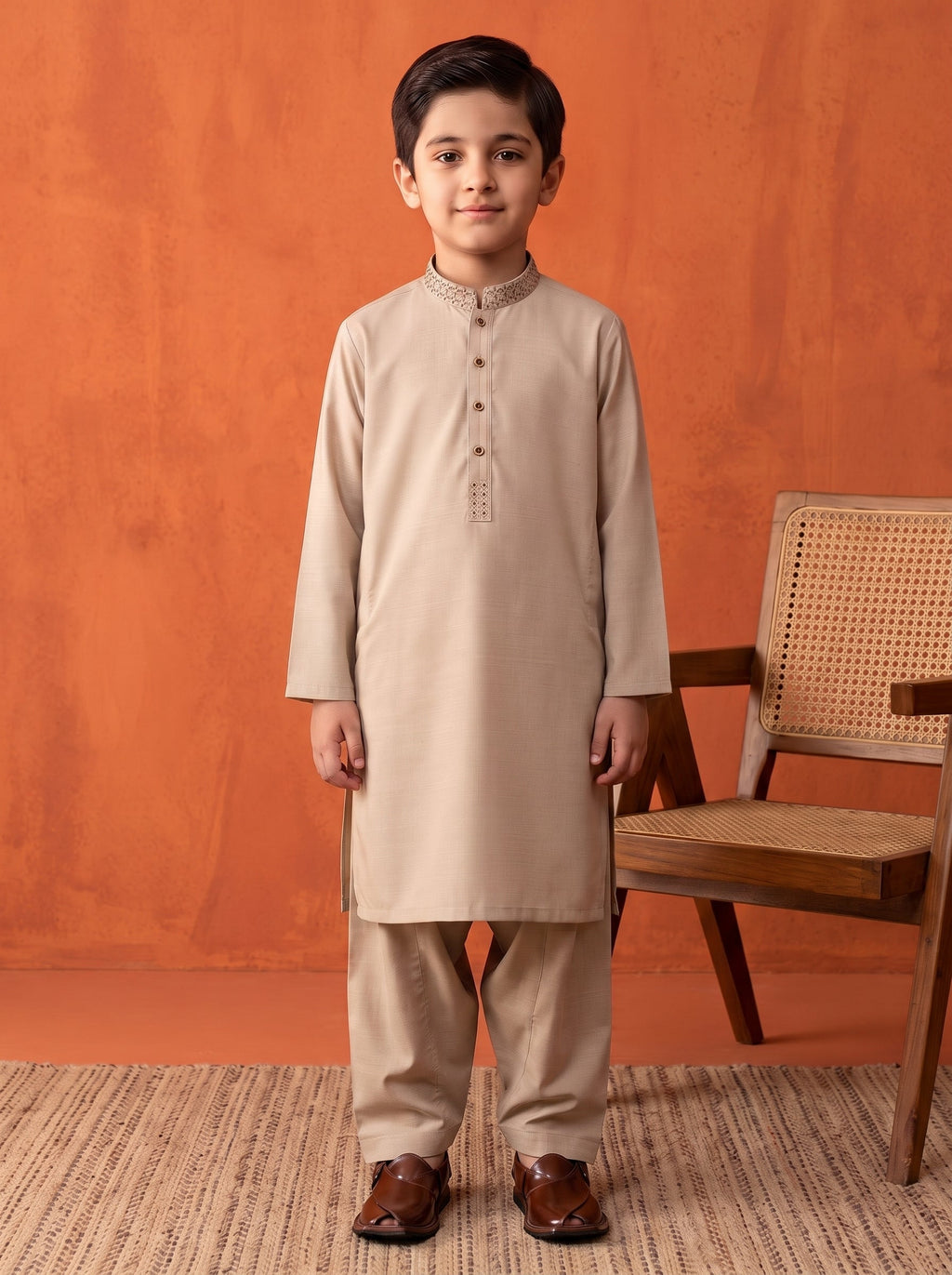 Kids Embroidered Golden Brown Kurta Shalwar by Al Deebaj, photo 4