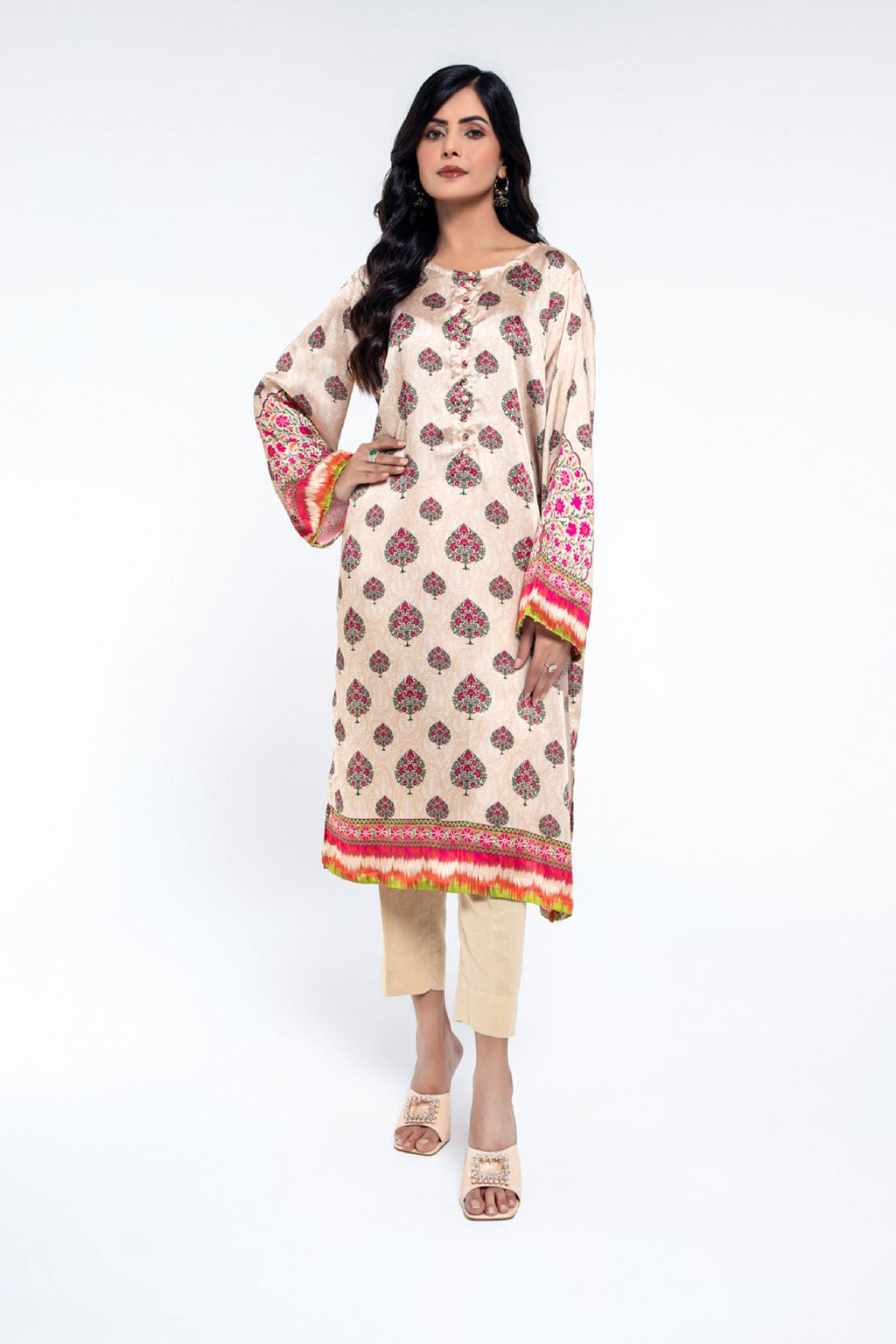 Printed Beige Shamoz Silk Pret Shirt by The Fabric Store