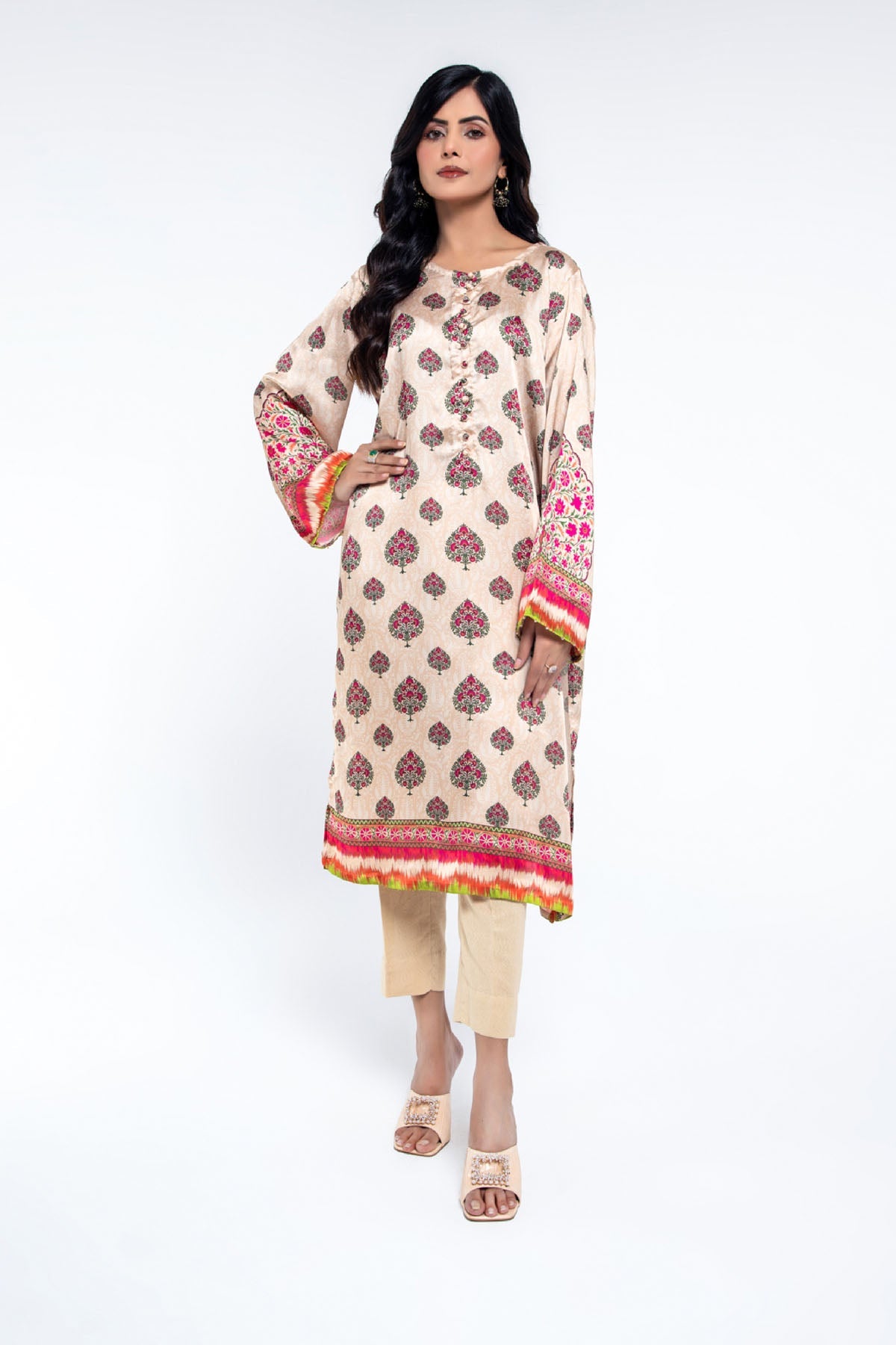 Printed Beige Shamoz Silk Pret Shirt by The Fabric Store