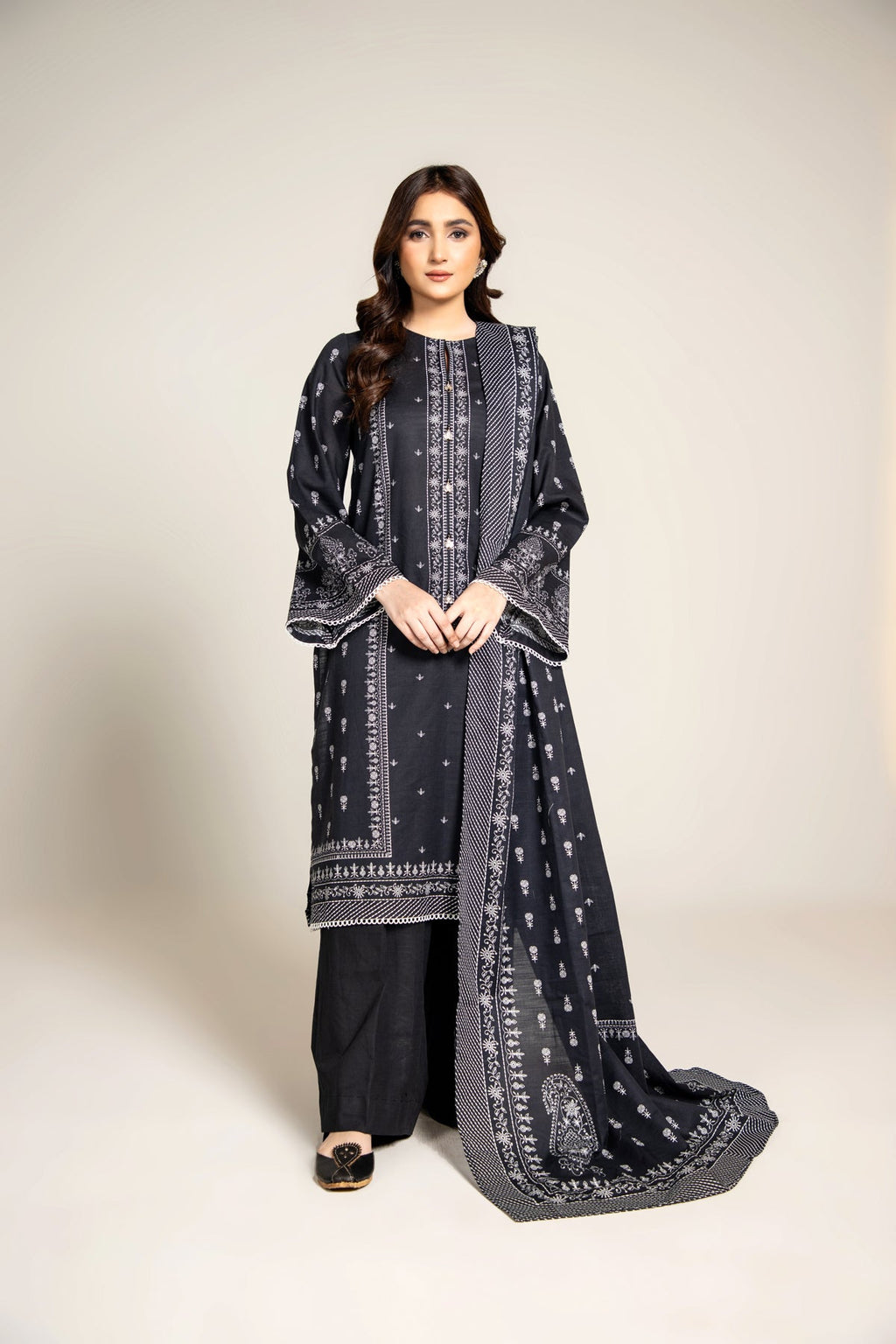 Printed Black Slub Khaddar 2-Piece Unstitched Suit by The Fabric Store