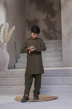 Brown Self Kids Kurta Shalwar by Al Deebaj, photo 2