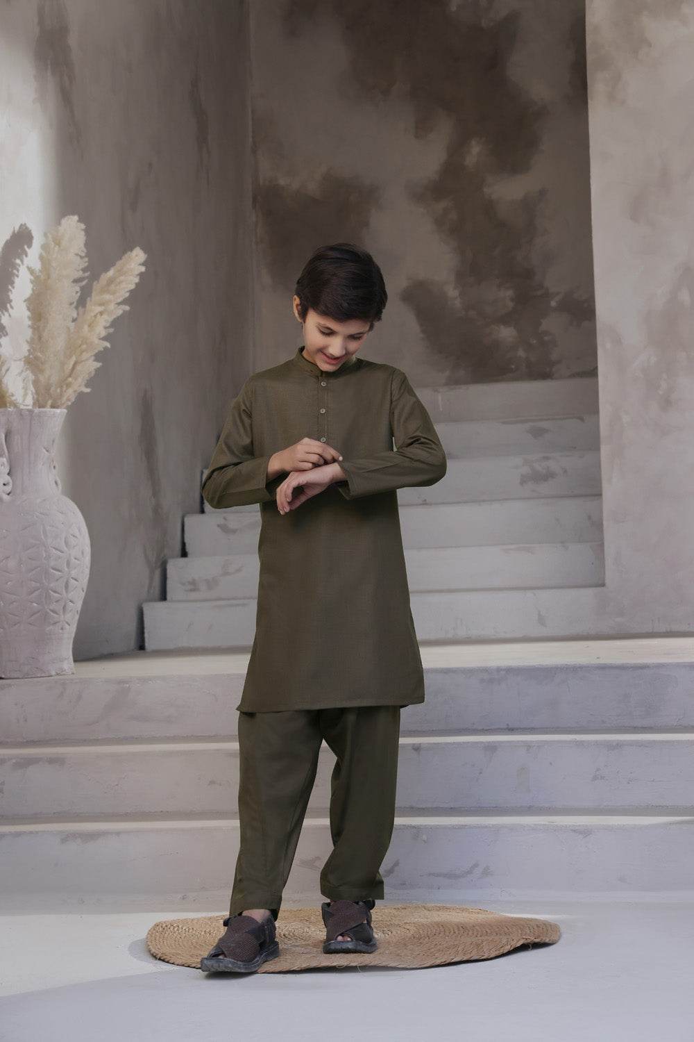 Brown Self Kids Kurta Shalwar by Al Deebaj, photo 2