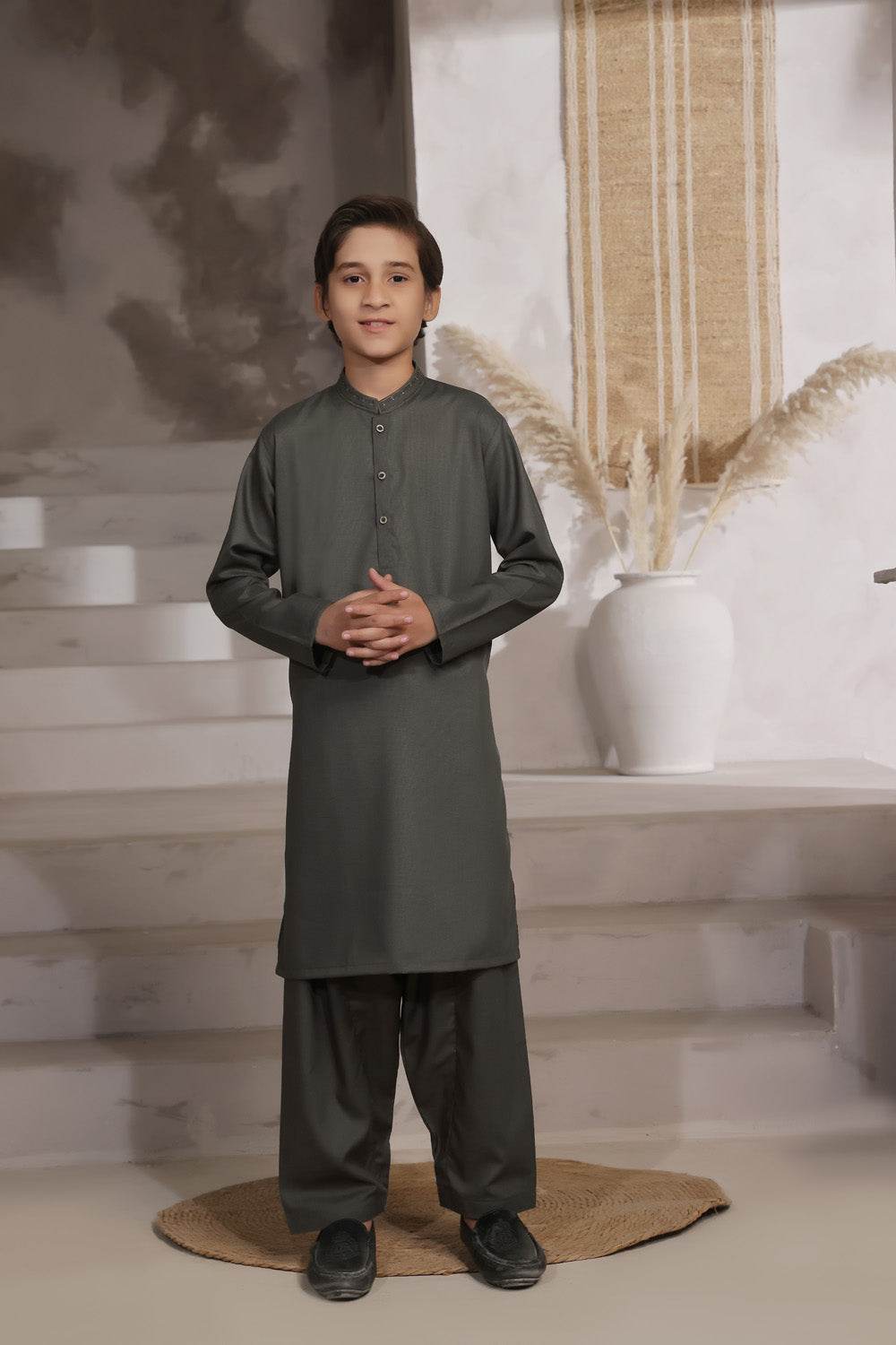D.Brown Embroidered Kids Kurta Shalwar by Al Deebaj
