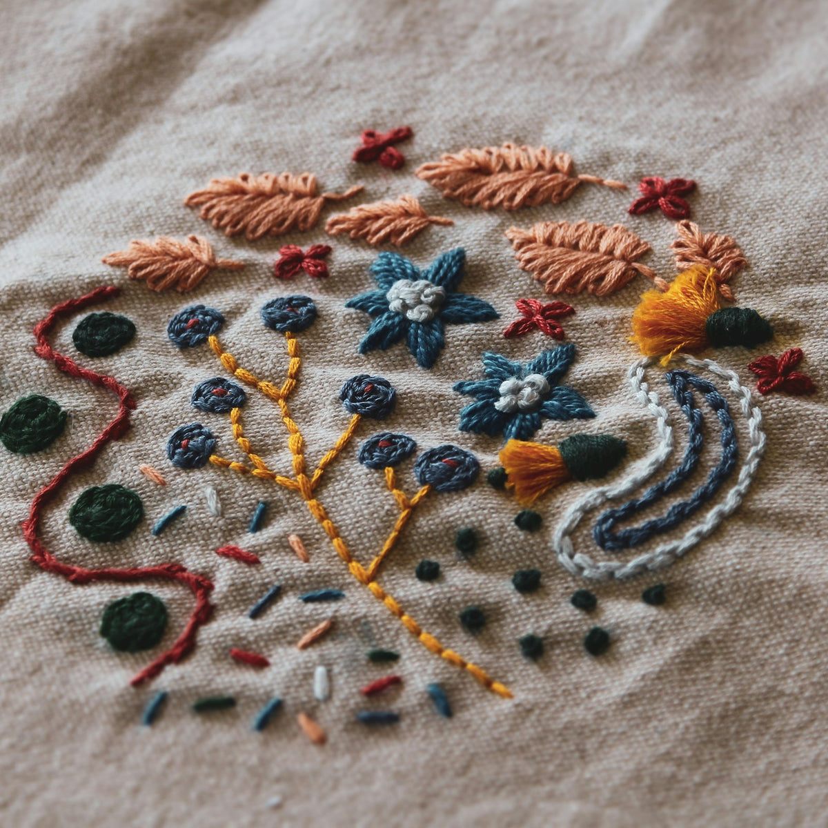 Off White lawn fabric in Folk Garden embroidered – close-up